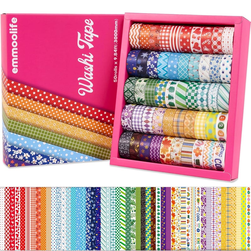 emmoolife 50 Rolls Washi Tape Set, 15mm Wide Rainbow Colored Tape Aesthetic Design Masking Decorative Tape for Scrapbooking Supplies, Bullet Journaling, Junk Journal, Wrapping Planners, DIY Arts Craft - Image 1